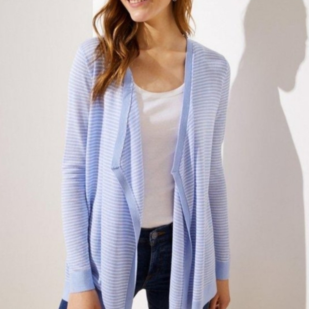 LOFT Draped Blue Stripe Open Front Cardigan Sweater